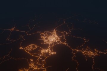 Aerial shot of Taif (Saudi Arabia) at night, view from north. Imitation of satellite view on modern city with street lights and glow effect. 3d render - obrazy, fototapety, plakaty