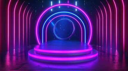 3d futuristic digital podium with blue and pink line neon lamps