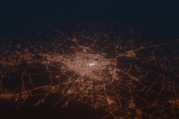 Aerial shot of Samarqand (Uzbekistan) at night, view from south. Imitation of satellite view on modern city with street lights and glow effect. 3d render - obrazy, fototapety, plakaty