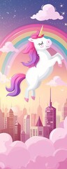 Obraz na płótnie Canvas Hand-Drawn Unicorn Soaring over Rainbow with Pink Clouds and Cityscape Below - Fantasy Wallpaper Illustration