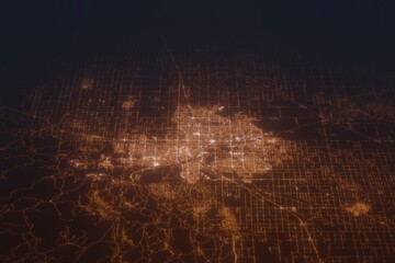 Aerial shot of Bakersfield (California, USA) at night, view from north. Imitation of satellite view on modern city with street lights and glow effect. 3d render - obrazy, fototapety, plakaty