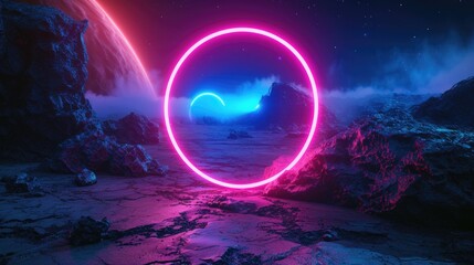 abstract cosmic landscape with pink blue neon portal - obrazy, fototapety, plakaty