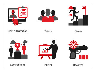 Six Games icons in red and black as player registration, teams, carrer