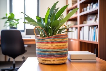 rubber plant in a woven basket in home office