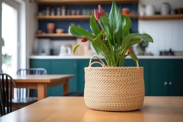 rubber plant in a woven basket in home office