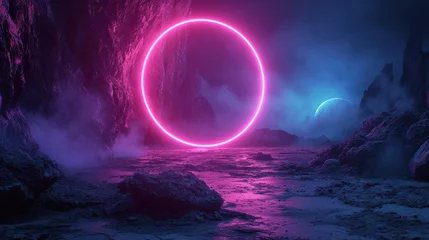 Foto op Canvas abstract cosmic landscape with pink blue neon portal © fledermausstudio