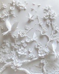 Sculptured Garden Romance: Artisanal Wallpaper Featuring Trees, Flowers, Birds, and Butterflies in a Dreamy White 3D Render