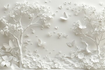 Enchanting Nature Mural: Romantic White Relief Composition with Trees, Flowers, Birds, and Butterflies