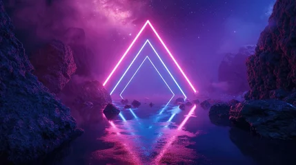 Poster Im Rahmen extraterrestrial landscape with neon triangular geometric frame background © fledermausstudio