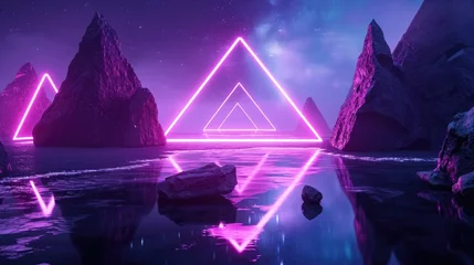 Poster Im Rahmen extraterrestrial landscape with neon triangular geometric frame background © fledermausstudio