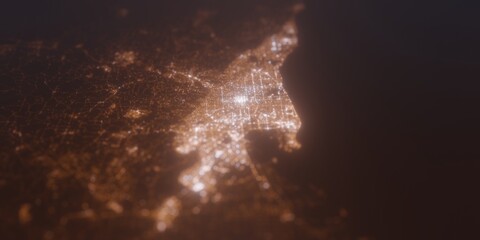 Street lights map of Adelaide (Australia) with tilt-shift effect, view from north. Imitation of macro shot with blurred background. 3d render, selective focus