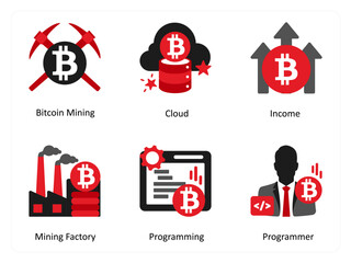 Six business icons in red and black as bitcoin mining, cloud, income