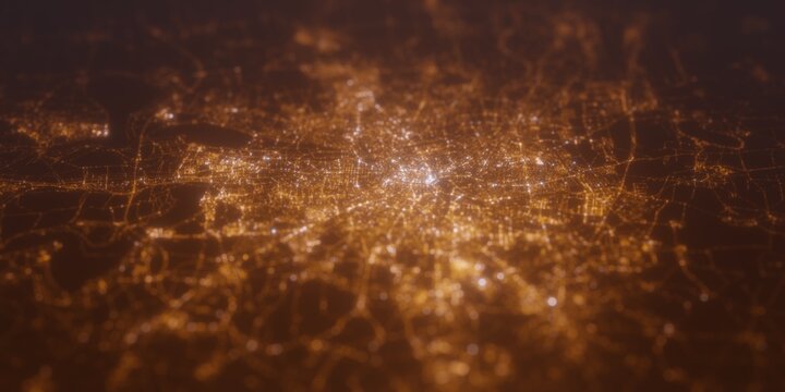 Street lights map of Leipzig (Germany) with tilt-shift effect, view from east. Imitation of macro shot with blurred background. 3d render, selective focus