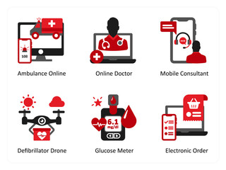 Six medical icons in red and black as ambulance online, online doctor, mobile consultant