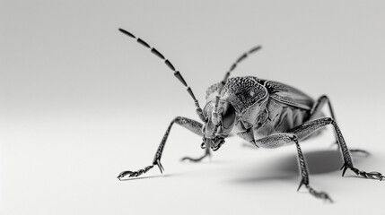 A close up of a bug on a white background