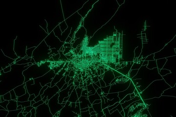 Map of the streets of Kandahar (Afghanistan) made with green illumination and glow effect. Top view on roads network. 3d render, illustration