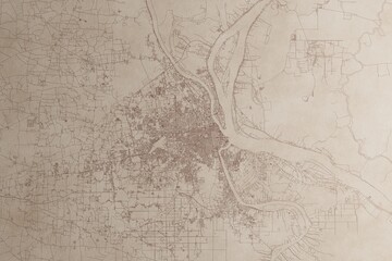 Map of Phnom Penh (Cambodia) on an old vintage sheet of paper. Retro style grunge paper with light coming from right. 3d render