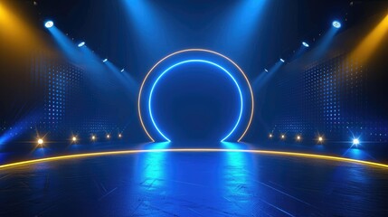 Abstract futuristic 3d golden ring circles with spotlight on blue stage background - obrazy, fototapety, plakaty