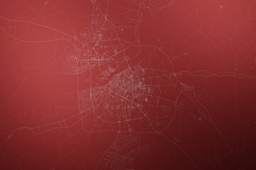Map of the streets of Harbin (China) made with white lines on abstract red background lit by two lights. Top view. 3d render, illustration