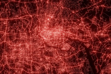 Street map of Guangzhou (China) made with red illumination and glow effect. Top view on roads network. 3d render, illustration