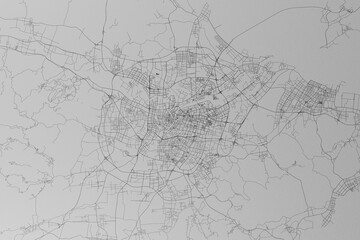 Map of the streets of Ningbo (China) made with black lines on grey paper. Top view. 3d render, illustration