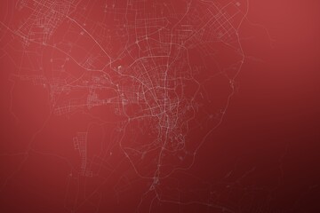 Map of the streets of Urumqi (China) made with white lines on abstract red background lit by two lights. Top view. 3d render, illustration - obrazy, fototapety, plakaty
