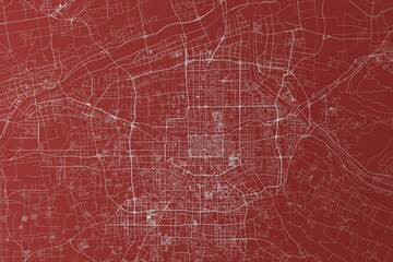 Map of the streets of Xian (China) made with white lines on red background. Top view. 3d render, illustration - obrazy, fototapety, plakaty