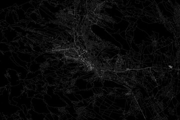 Stylized map of the streets of Tbilisi (Georgia) made with white lines on black background. Top view. 3d render, illustration