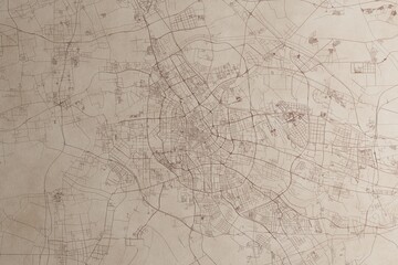 Map of Tianjin (China) on an old vintage sheet of paper. Retro style grunge paper with light coming from right. 3d render