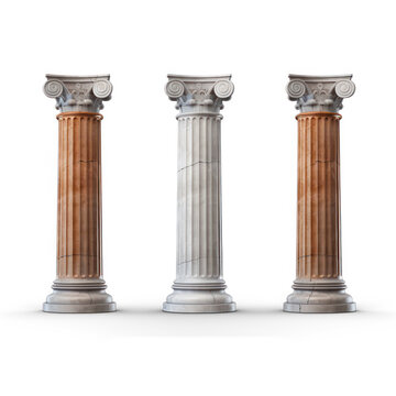 Three tall ancient beige color Roman column  on transparency background PNG