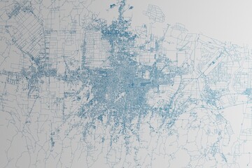 Map of the streets of Medan (Indonesia) made with blue lines on white paper. 3d render, illustration