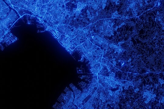 Street map of Chiba (Japan) made with blue illumination and glow effect. Top view on roads network