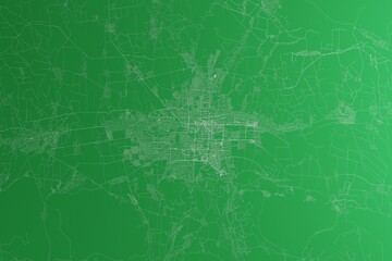 Map of the streets of Bishkek (Kyrgyzstan) made with white lines on green paper. Rough background. 3d render, illustration