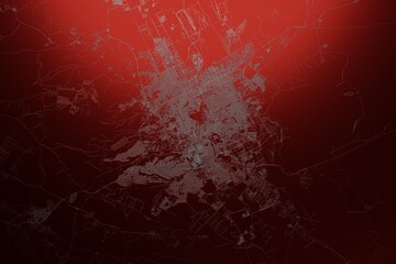 Street map of Riyadh (Saudi Arabia) engraved on red metal background. Light is coming from top. 3d render, illustration