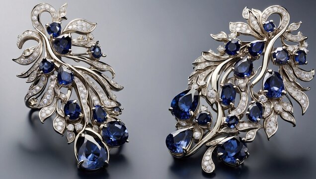 A pair of earrings designed as cascading waterfalls, with sapphires and diamonds mimicking the flow of water Generative AI