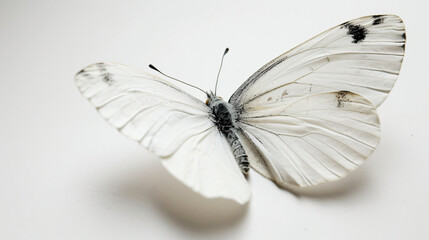 A close up of a white butterfly on a white background