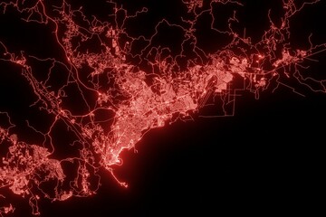 Street map of Panama made with red illumination and glow effect. Top view on roads network. 3d render, illustration - obrazy, fototapety, plakaty