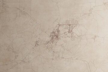 Map of Sudbury (Canada) on an old vintage sheet of paper. Retro style grunge paper with light coming from right. 3d render