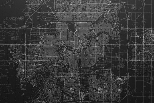 Street map of Edmonton (Canada) on black paper with light coming from top
