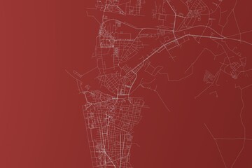 Map of the streets of Liepaja (Latvia) made with white lines on red background. Top view. 3d render, illustration