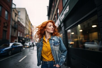 Obraz premium Redhead middle aged woman walking through british streets.