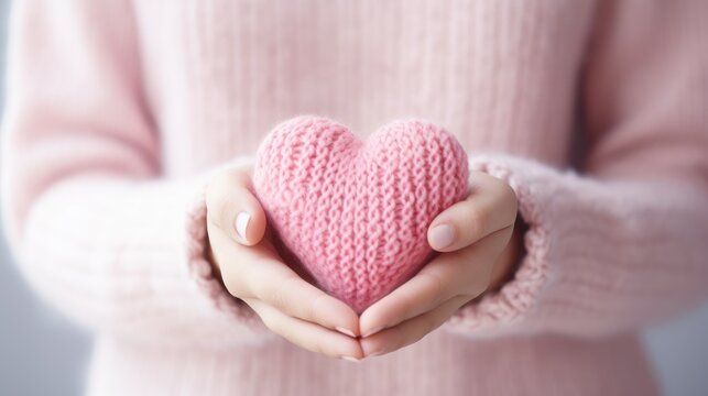 Close-up of a woman's hands holding a pink heart. Valentine's Day greeting card. A symbol of love.
