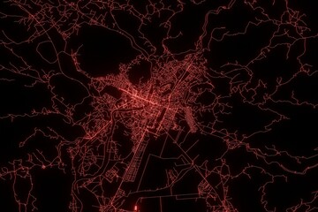 Street map of Podgorica (Montenegro) made with red illumination and glow effect. Top view on roads network. 3d render, illustration - obrazy, fototapety, plakaty
