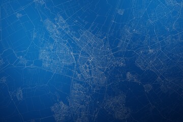 Stylized map of the streets of Utrecht (Netherlands) made with white lines on abstract blue background lit by two lights. Top view. 3d render, illustration - obrazy, fototapety, plakaty