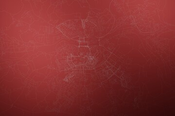 Map of the streets of Smolensk (Russia) made with white lines on abstract red background lit by two lights. Top view. 3d render, illustration