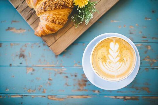 overhead shot of latte beside a croissant