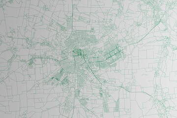 Map of the streets of Lugansk (Ukraine) made with green lines on white paper. 3d render, illustration