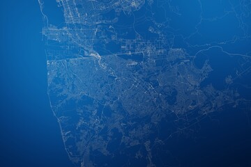 Stylized map of the streets of Tijuana (Mexico) made with white lines on abstract blue background lit by two lights. Top view. 3d render, illustration