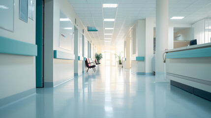 A white hospital hallway with an unfocused background is a common scene in healthcare settings. It typically features clean,unfocused background - obrazy, fototapety, plakaty