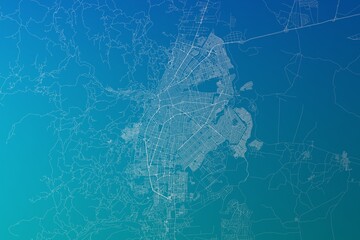 Map of the streets of Cali (Colombia) made with white lines on greenish blue gradient background. 3d render, illustration